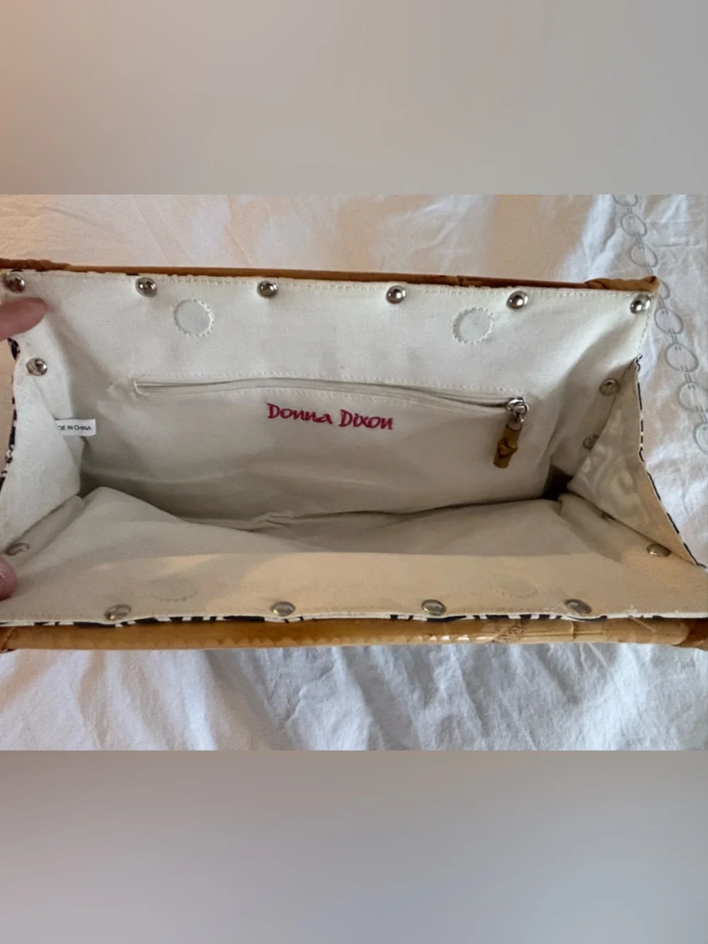 Navy and White Geometric Bamboo Frame Clutch - Picture 2 of 5